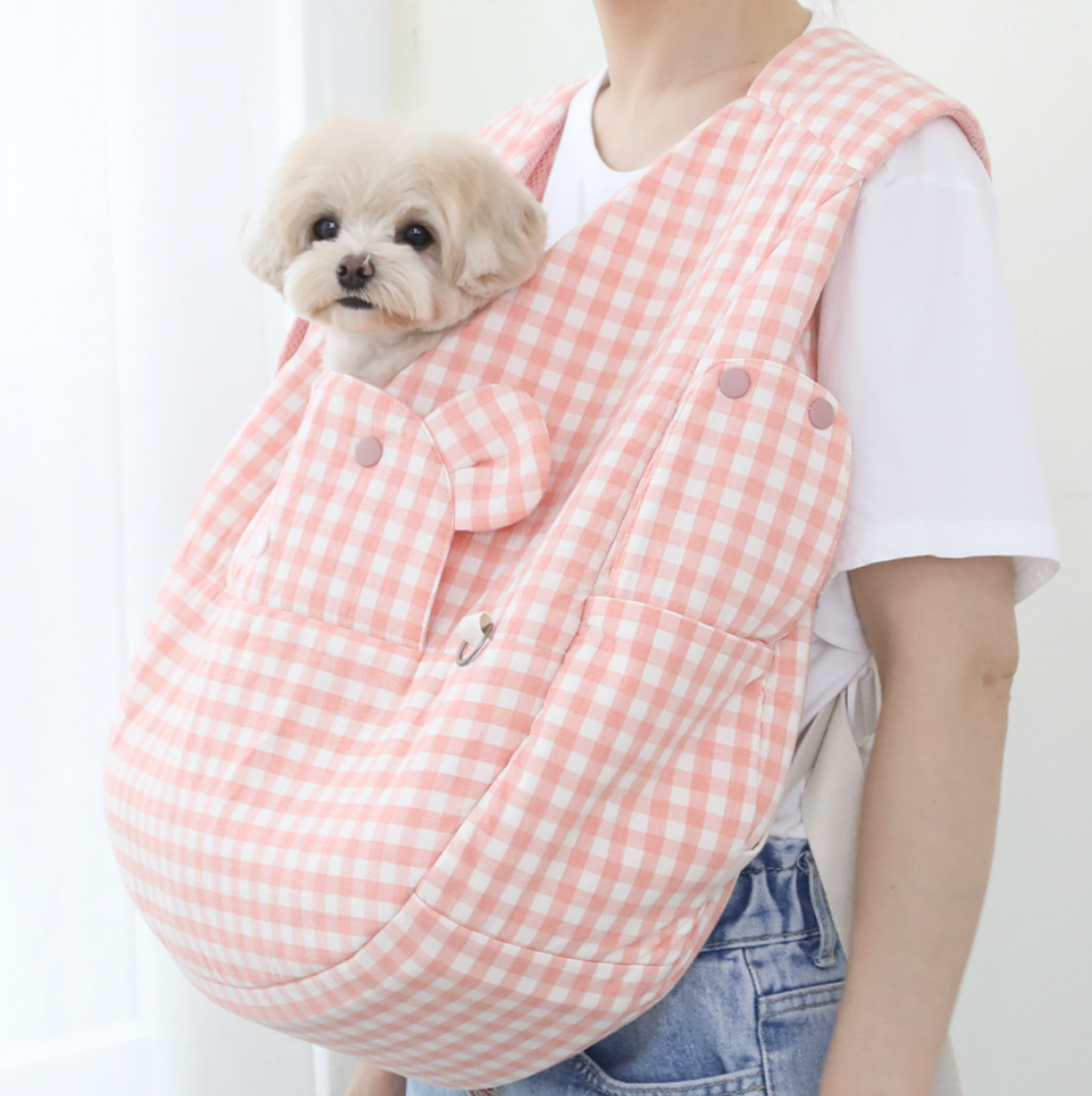 【Version 2】Ritogato Voddly Cool Front Bag 前孭寵物袋 亞麻布質料 粉紅色格仔