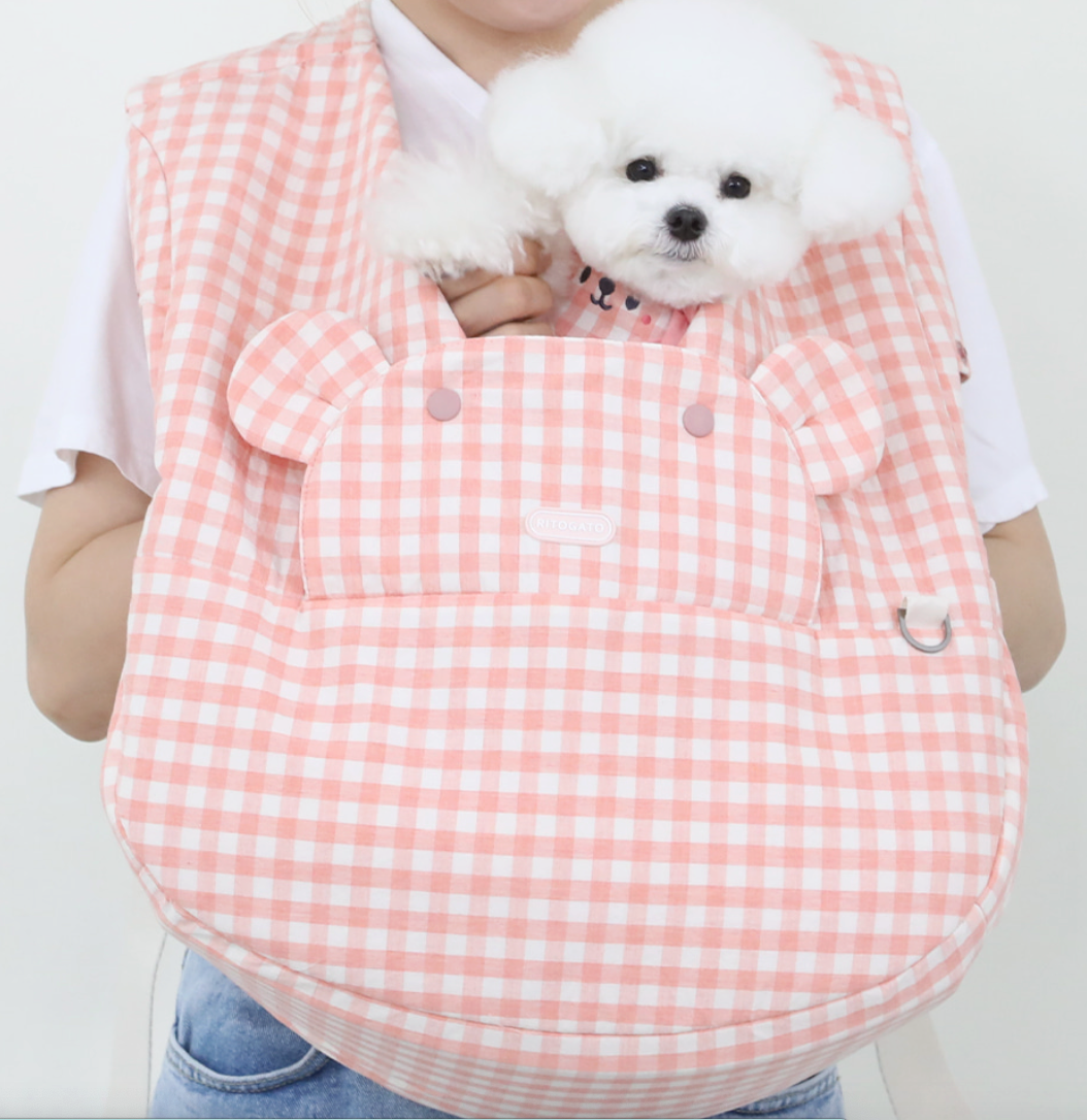 【Version 2】Ritogato Voddly Cool Front Bag 前孭寵物袋 亞麻布質料 粉紅色格仔