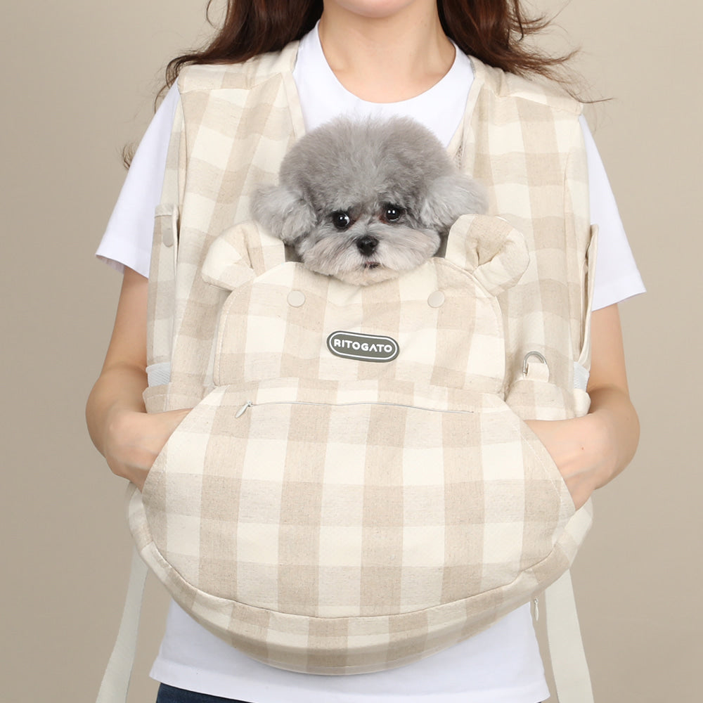 【Version 4】 Ritogato Voddly Cooloud Front Bag 前孭寵物袋 夏日透氣質料 杏色大格色