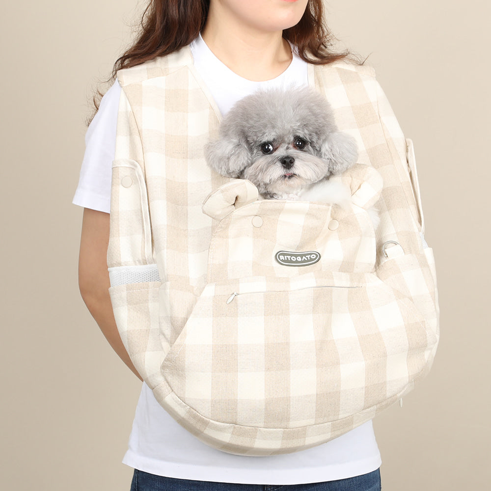 【Version 4】 Ritogato Voddly Cooloud Front Bag 前孭寵物袋 夏日透氣質料 杏色大格色