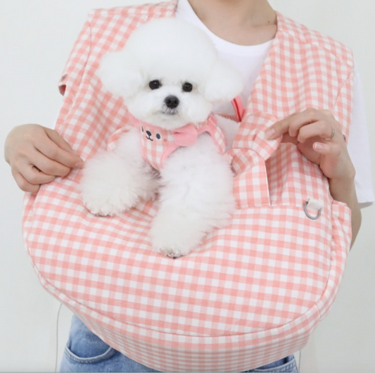 【Version 2】Ritogato Voddly Cool Front Bag 前孭寵物袋 亞麻布質料 粉紅色格仔