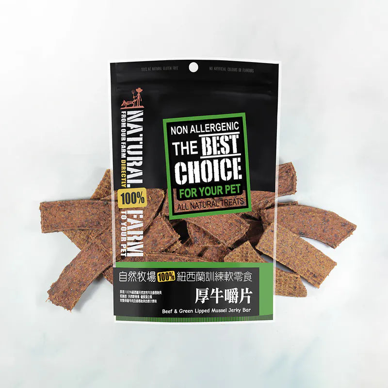 自然牧場 Natural Farm 天然寵物零食 厚牛嚼片 Beef&Green Lipped Mussel Jerky Bar 120g